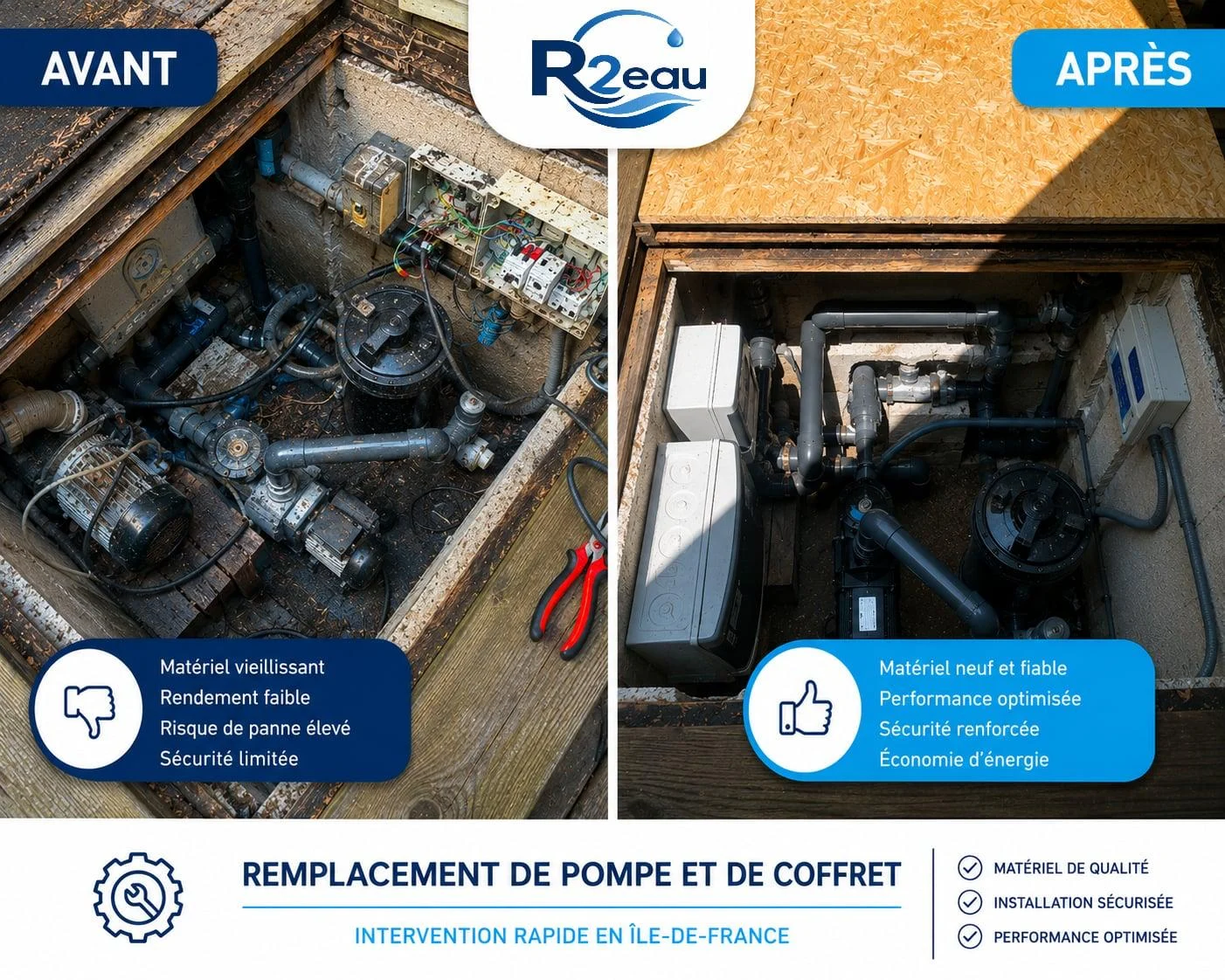 Avant / après R2eau — remplacement d'une pompe de filtration et de son coffret électrique